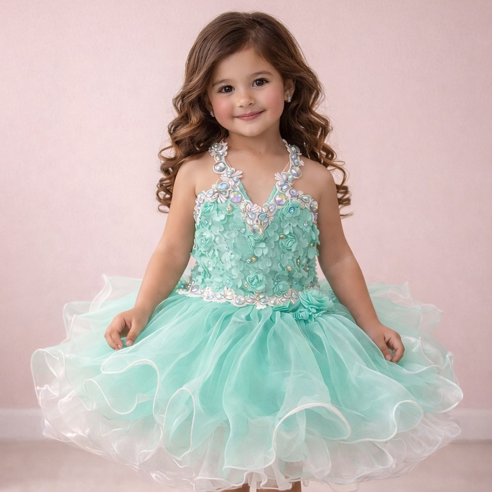 Toddler Mint Green Floral Tulle Party Dress
